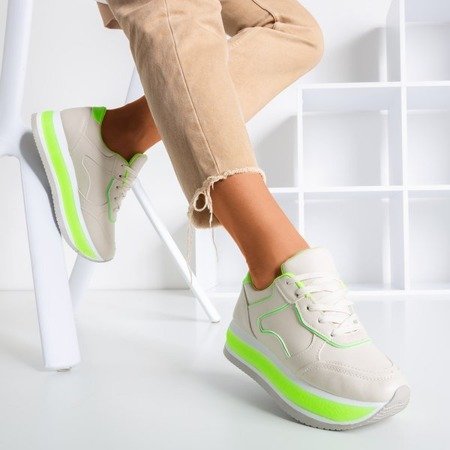 Beżowe sportowe buty damskie na grubej platformie z neonowymi wstawkami Savss - Obuwie