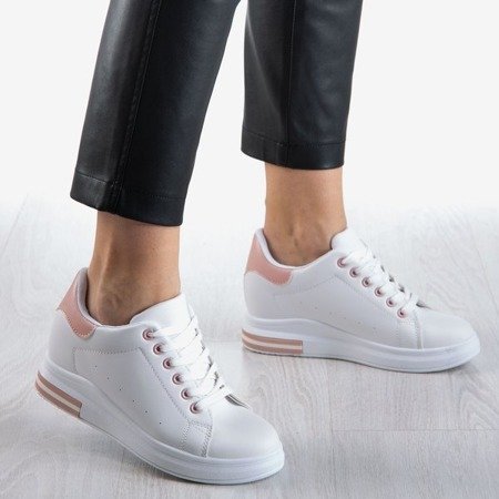 Białe sneakersy na krytym koturnie z różową wstawką Sliomena - Obuwie 