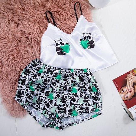 Biało - zielony 2-częściowy komplet piżamowy w pandy - Odzież