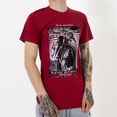 Bordowa bawełniana koszulka męska z printem - Odzież