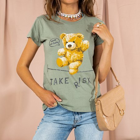 Ciemnozielony damski bawełniany t-shirt z nadrukiem - Odzież