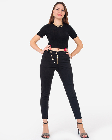 Czarne materiałowe spodnie damskie z ozdobnymi guzikami - Odzież
