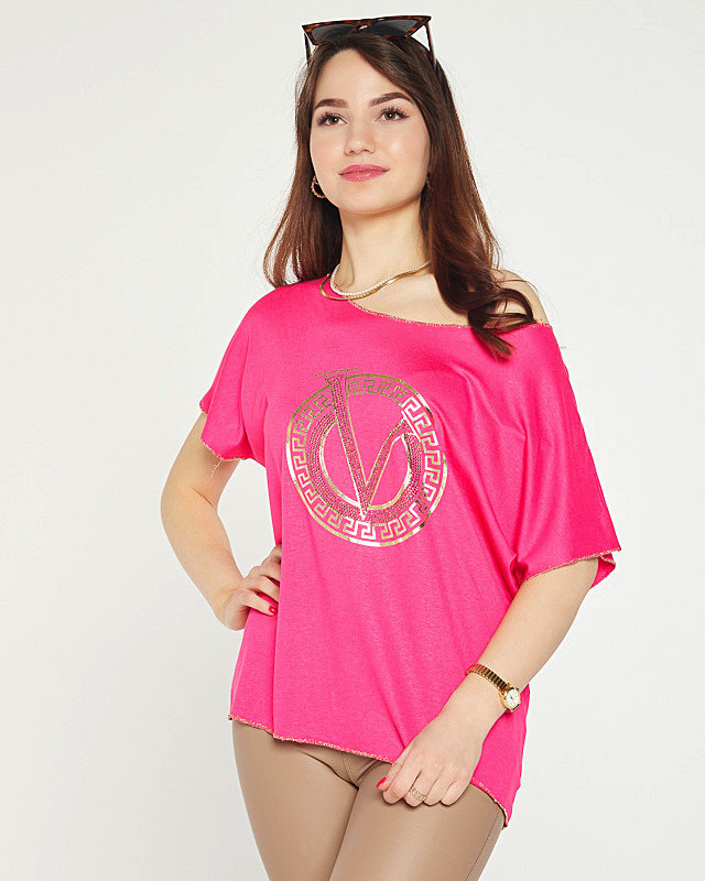 Fuksjowa damska bluzka z printem i cyrkoniami - Odzież