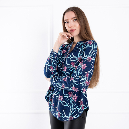 Granatowa damska bluzka z roślinnym printem - Odzież