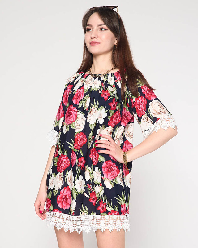 Granatowa damska tunika w kwiaty - Odzież