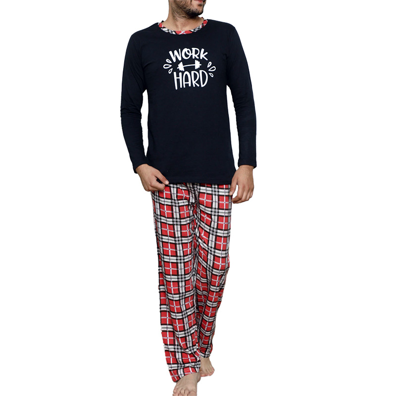 Granatowa piżama męska z printem w kratę- Odzież