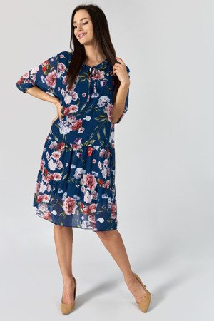 Granatowa sukienka przed kolano w kwiatki - Odzież