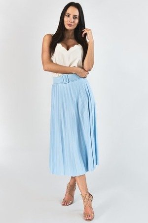 Jasnoniebieska plisowana spódnica midi z paskem - Odzież