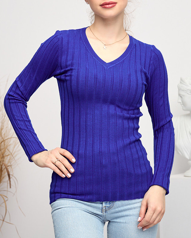 Kobaltowy damski sweter z dekoltem w serek- Odzież