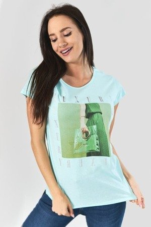 Miętowy t-shirt damski z nadrukiem - Odzież