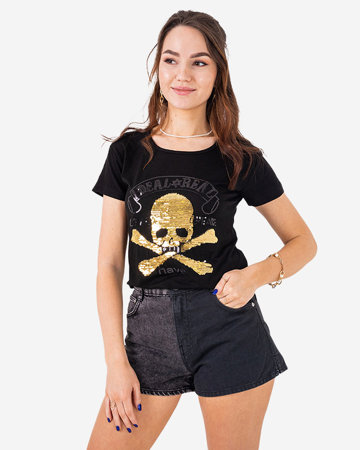 Royalfashion Czarny damski t-shirt z cekinami i napisami
