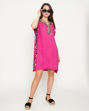 Różowa damska letnia tunika plażowa z frędzelkami - Odzież
