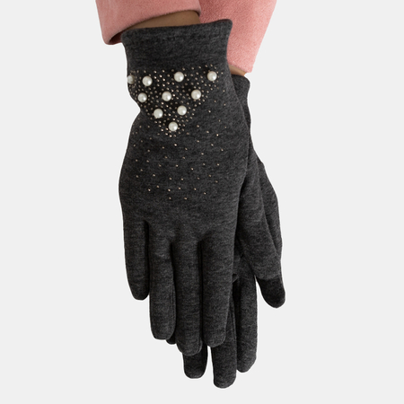 Szare rękawiczki damskie z perełkami- Akcesoria
