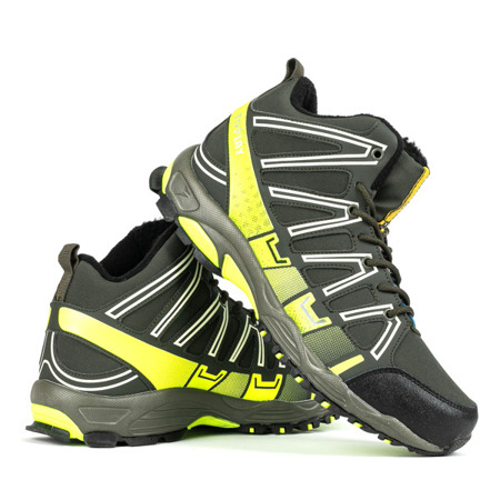 Zielone sportowe męskie buty trekkingowe z neonową żółtą wstawką Eveerest - Obuwie