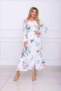 Biała damska maxi sukienka w kwiaty a'la hiszpanka  - Odzież
