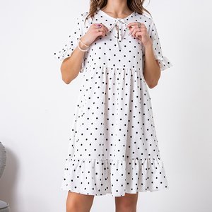 Biała damska sukienka mini w groszki - Odzież