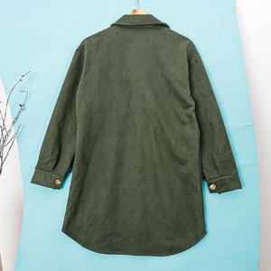 Ciemnozielona damska eko-zamszowa oversize kurtka koszulowa - Odzież