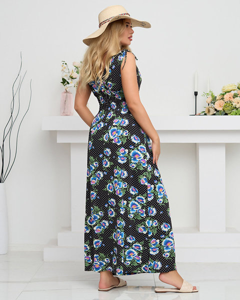 Czarna damska sukienka maxi w niebieskie kwiaty- Odzież