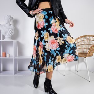Czarna długa spódnica plisowana w kwiaty - Odzież