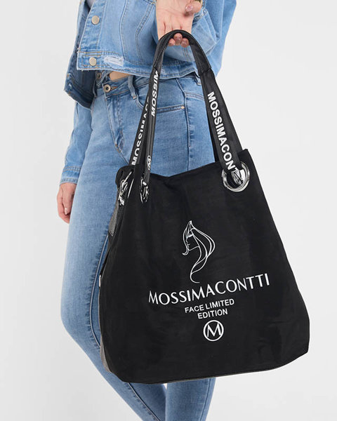Czarna duża damska torba shopper z nadrukiem i napisami - Akcesoria