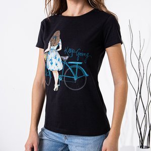 Czarny damski bawełniany t-shirt z nadrukiem - Odzież