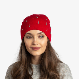 Czerwona damska czapka z cyrkoniami - Akcesoria