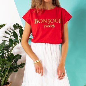 Czerwona damska koszulka bawełniana z printem - Odzież