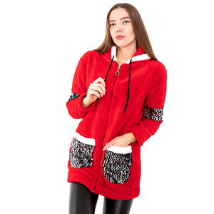 Czerwona pluszowa damska rozpinana bluza z kapturem - Odzież
