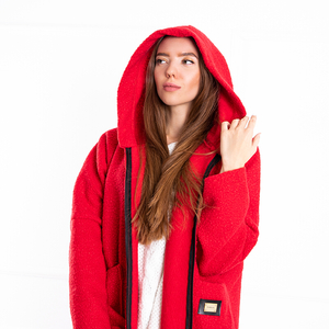 Czerwony damski kożuszkowy płaszcz z kapturem - Odzież