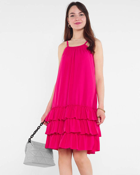 Fioletowo-różowa damska sukienka na ramiączkach z falbankami - Odzież