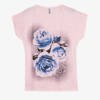 Jasnoróżówy t-shirt damski z printem w kwiaty - Odzież