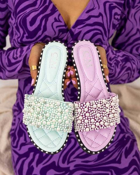 Klapki damskie z perełkami w kolorze fioletowym Loppo - Obuwie