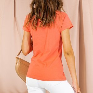 Koralowa damska koszulka z ozdobnym printem - Odzież