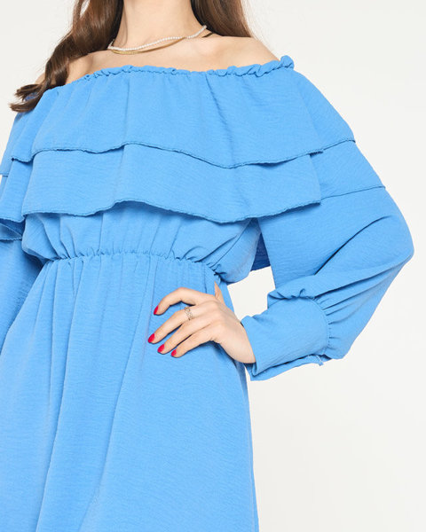 Krótka niebieska damska sukienka z falbanami- Odzież