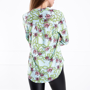 Miętowa damska bluzka z roślinnym printem - Odzież