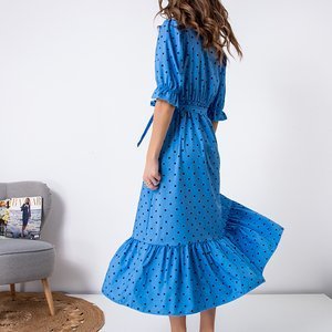 Niebieska damska długa sukienka w groszki - Odzież