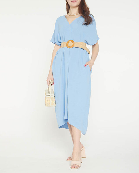 Niebieska damska sukienka oversize z paskiem - Odzież