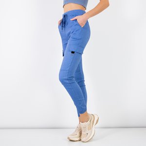 Niebieskie damskie spodnie bojówki z kieszeniami - Odzież