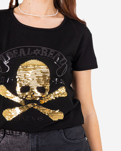Royalfashion Czarny damski t-shirt z cekinami i napisami
