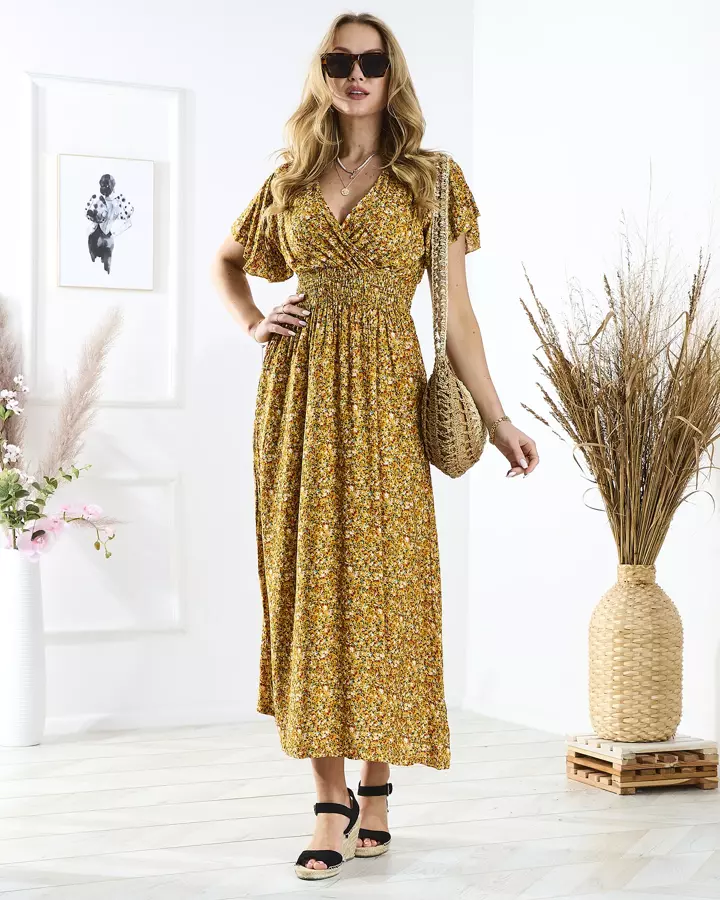 Royalfashion Żółta damska sukienka midi w drobne kwiatki 