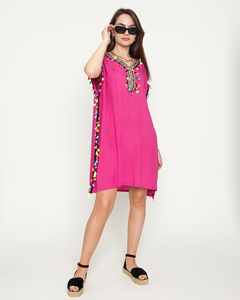 Różowa damska letnia tunika plażowa z frędzelkami - Odzież