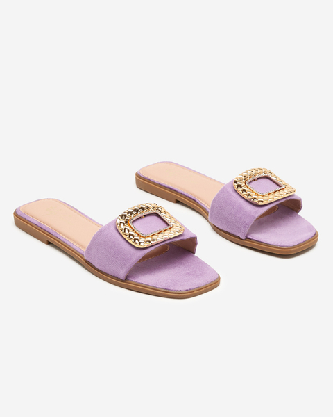 OUTLET Фіолетові еко замшеві жіночі тапочки із золотою пряжкою Lozi. Взуття