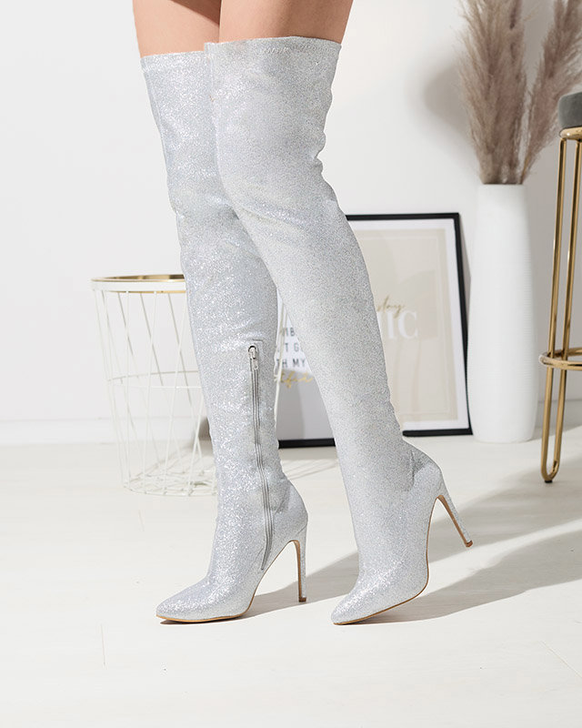 Сріблясті жіночі чоботи вище коліна з блискітками Qesda- Footwear