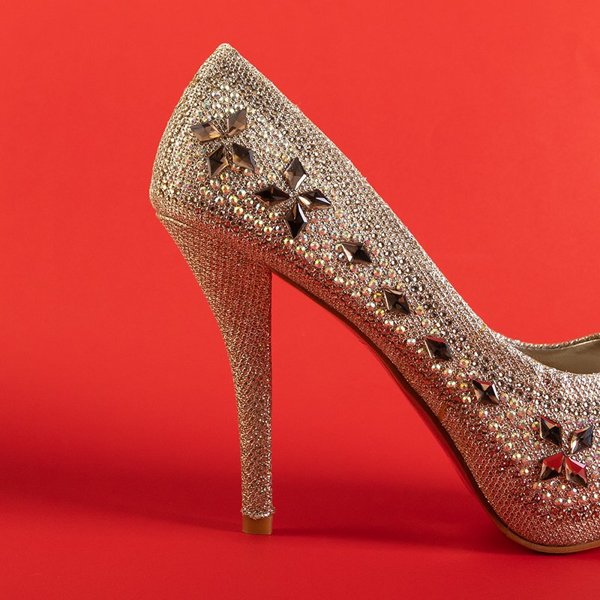 OUTLET Жіночі золоті туфлі-човники на шпильці з прикрасами Polinari - Взуття