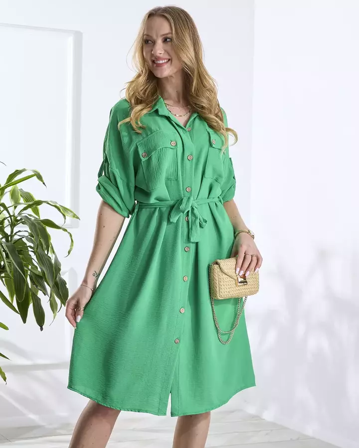 Зелена жіноча сукня а-ля сорочка із зав'язкою на талії - Одяг