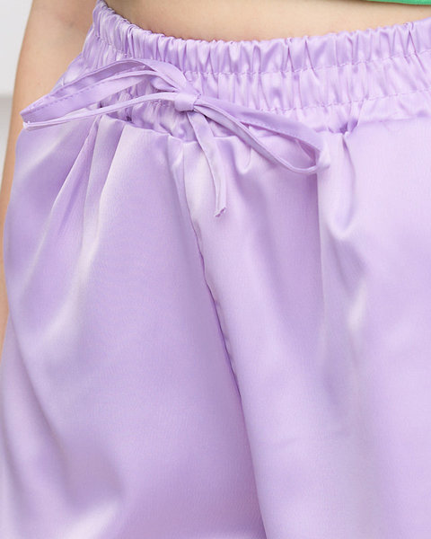 Жіночі фіолетові атласні шорти з кишенями - Одяг